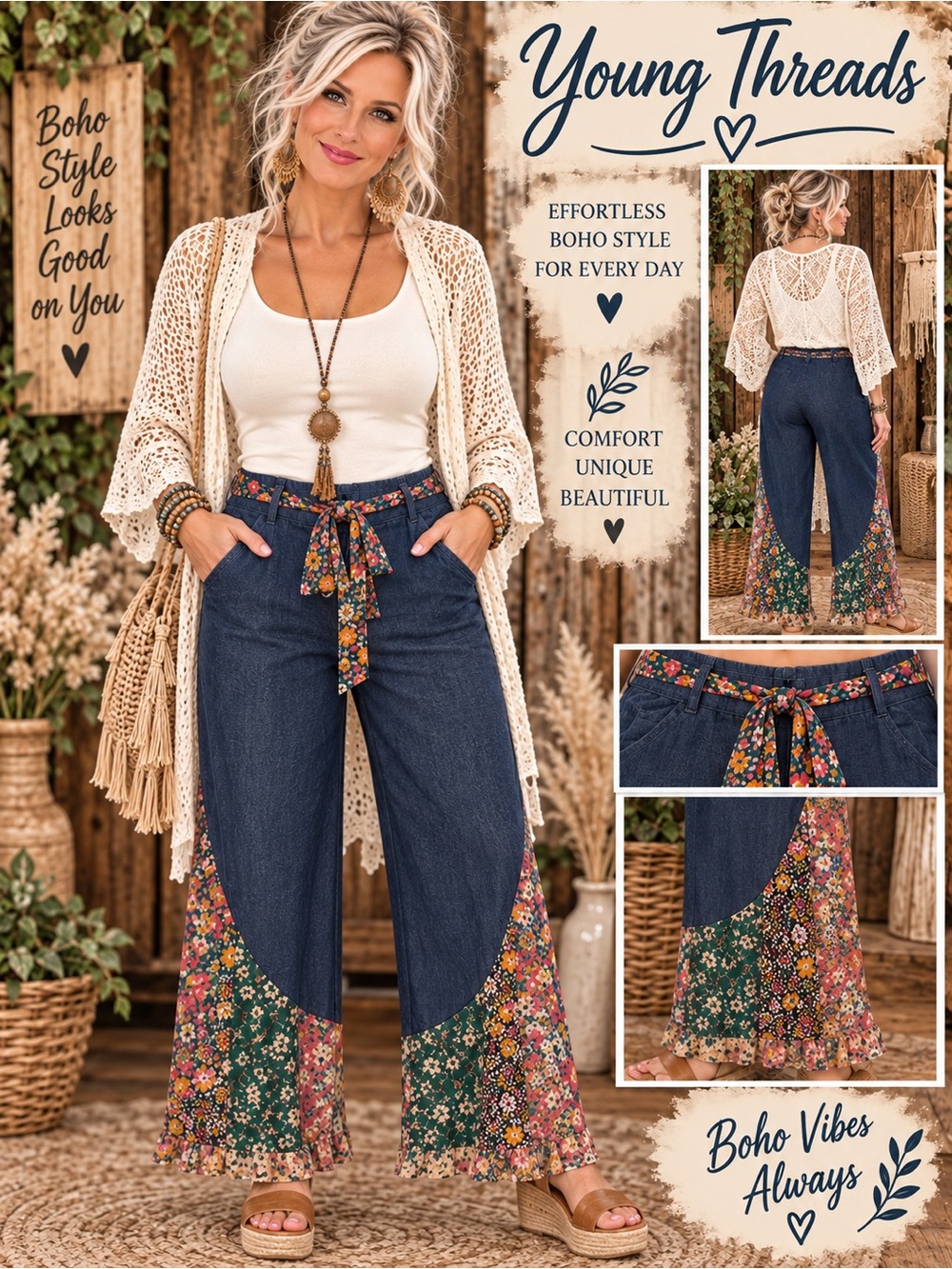 351. Young Threads Women's Boho Wide-Leg Jeans - Navy with Floral Patchwork